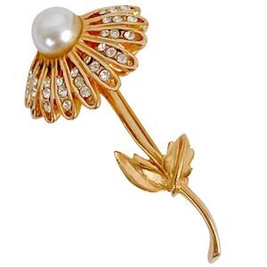 Vintage 1960s Rhinestone Faux Pearl Floral Brooch Mid Century Romantic Gold Tone